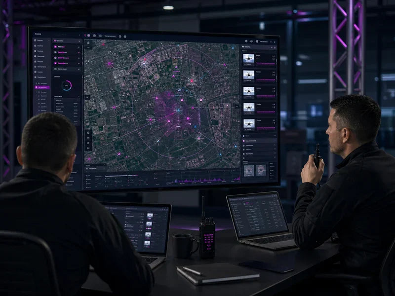 DCS software platform showing a unified airspace command picture for a generic World Cup security operation