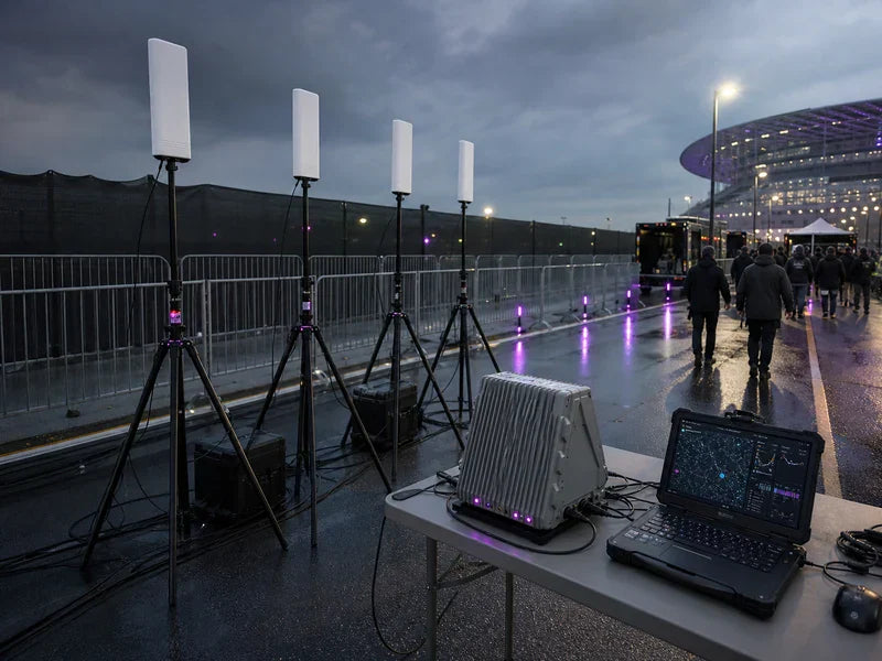 UF5 four-node TDOA drone detection system staged along a generic quarterfinal venue perimeter