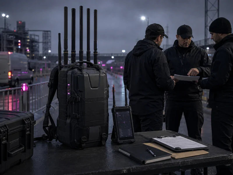 UPB-C1 backpack-style authorized counter-UAS system on a generic security staging table