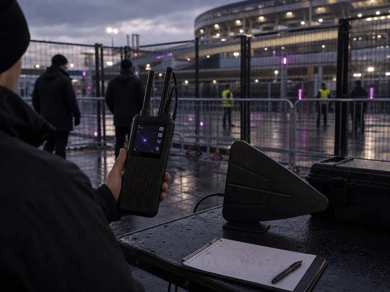 UPD1 handheld drone detector with directional antenna at a generic media-compound edge