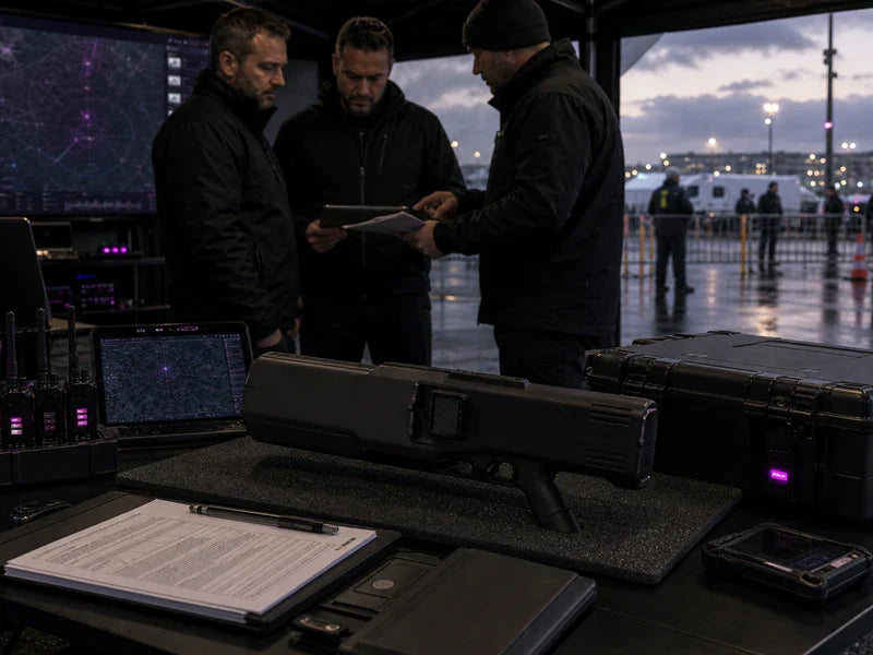 UPJ1 secured authorized counter-UAS device on a generic command tent custody table