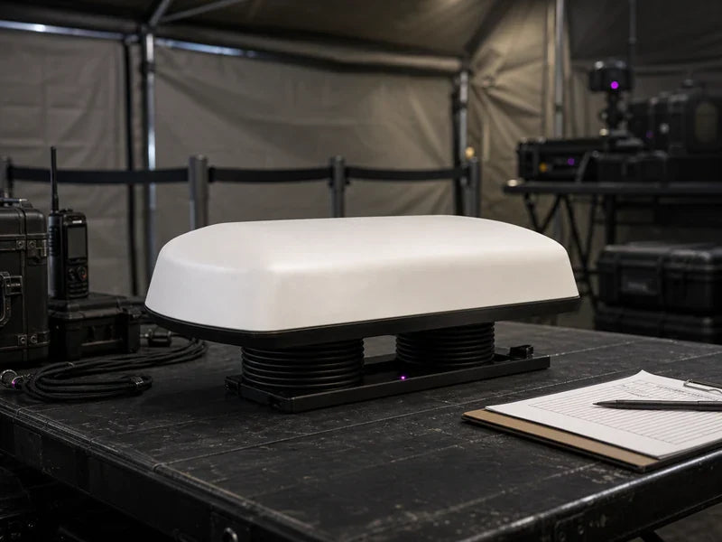 USJ1 white radome-style device on a generic authorized equipment custody table
