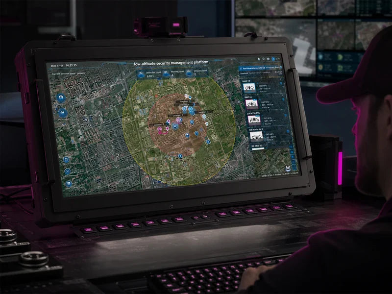 DCS drone detection software dashboard in a dark generic command center