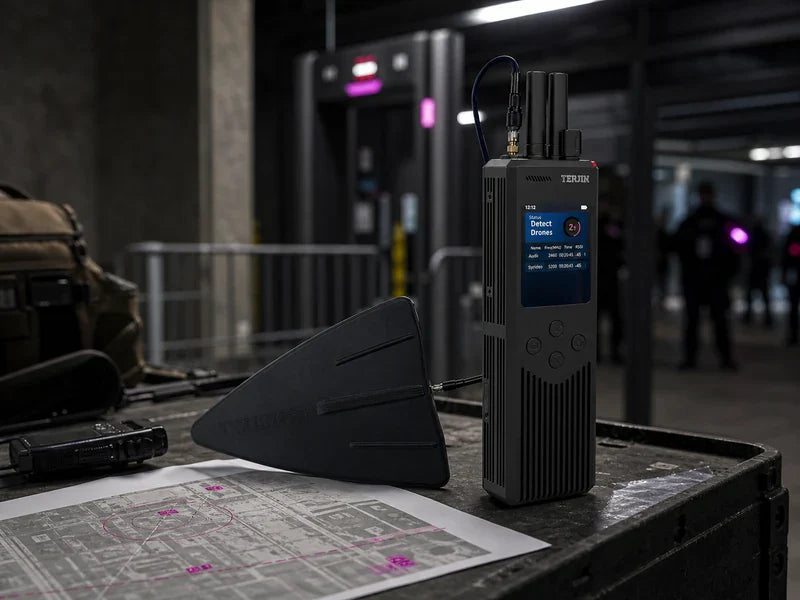 UPD1 handheld drone detector and directional panel at a generic credential-lane table