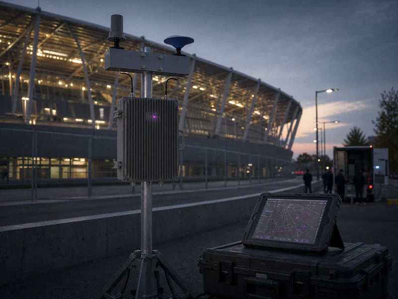 UFS1 counter-UAS device in a generic venue service-road operations scene
