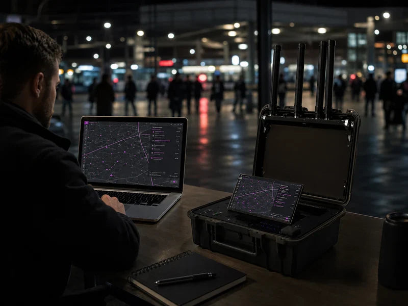 UPL1-B briefcase drone locator at a generic transit staging desk