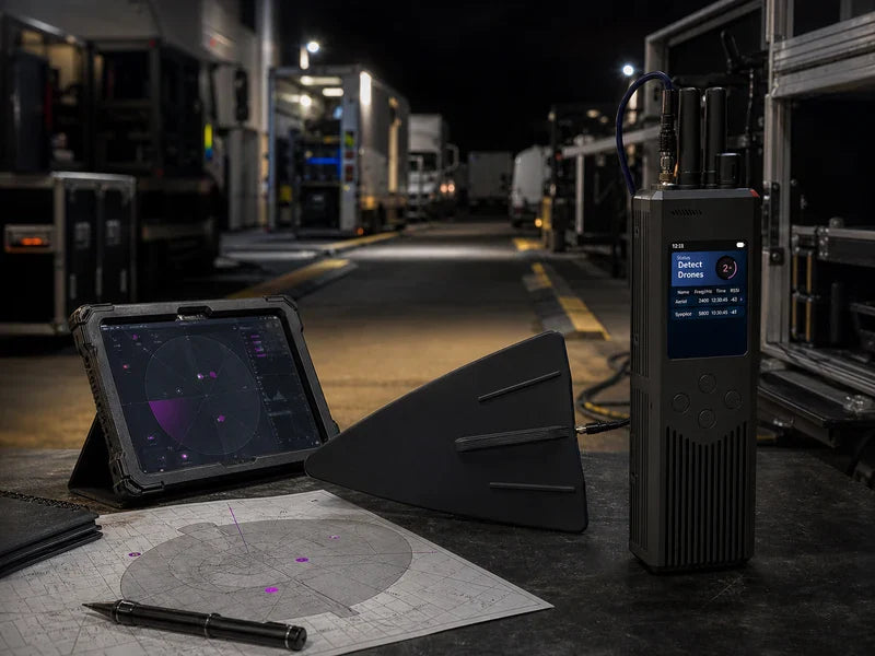 UPD1 handheld drone detector with directional panel at a generic service lane desk