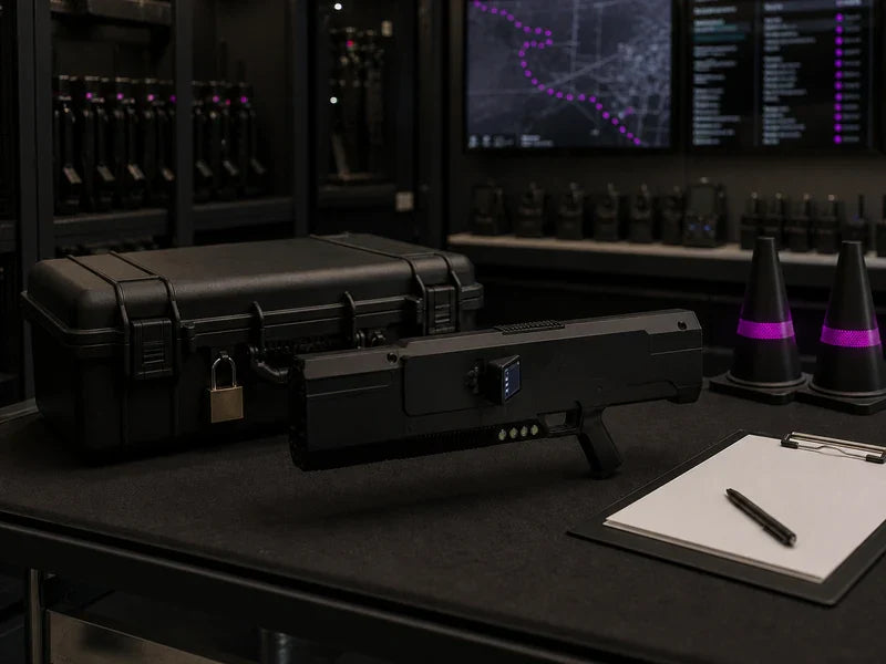 UPJ1 portable counter-UAS unit stored at a generic authorized-equipment custody desk