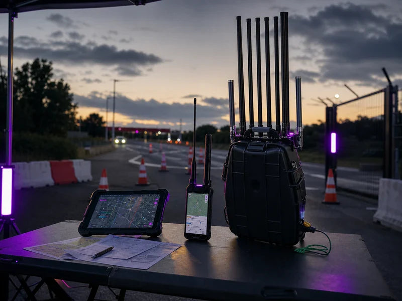 UPB-C1 portable counter-UAS backpack unit at a generic access-road custody desk