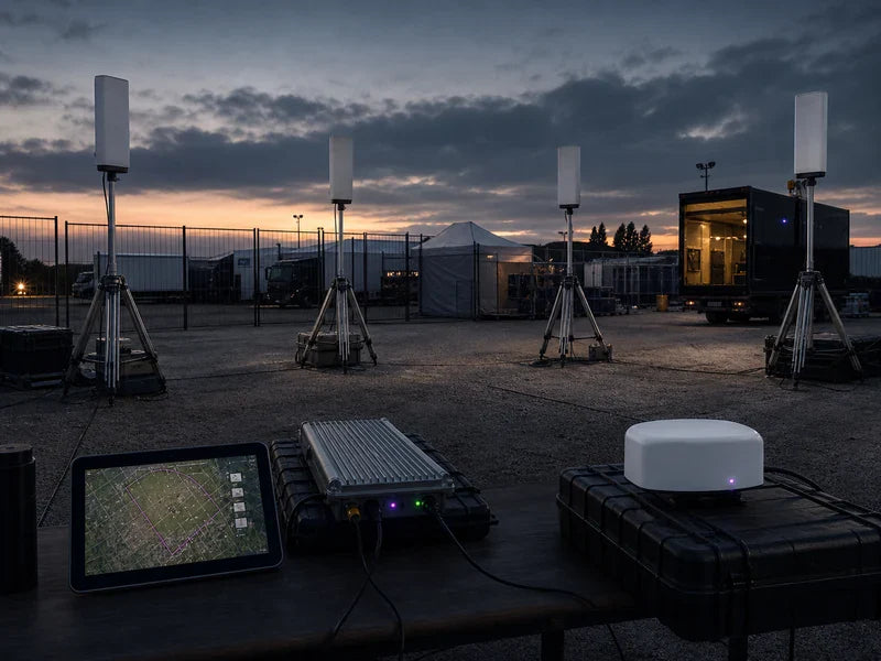 UF5-MINI compact TDOA drone detection system covering a generic service corridor with magenta perimeter lights