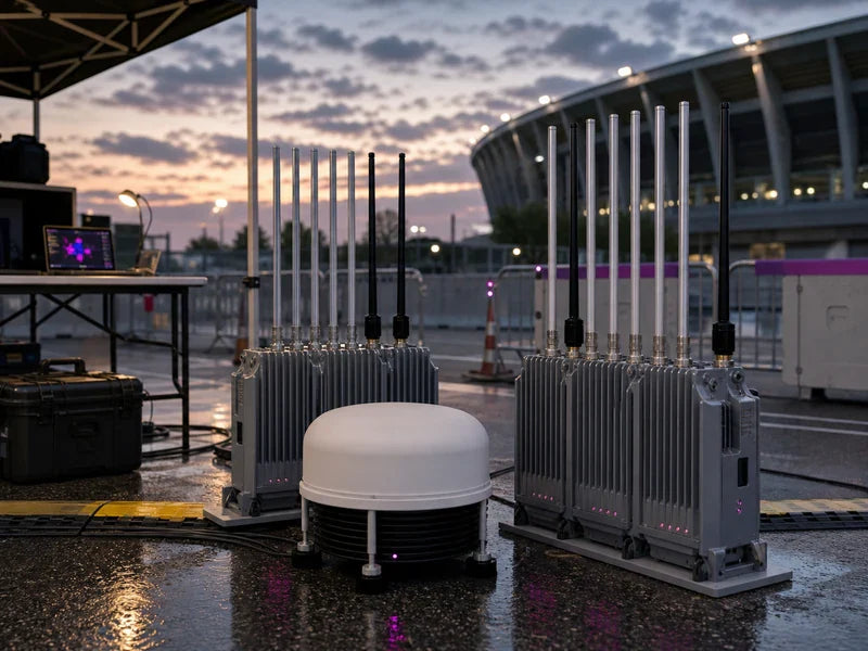 UVDC2 PRO integrated counter-UAS system in a generic post-final perimeter review scene with #B500B5 status lights