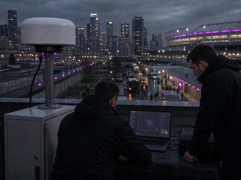 UVDC1 integrated drone detection system in a generic urban transit-edge operations scene with #B500B5 lane indicators
