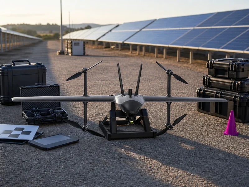 UVH2 dual-sensor fixed-wing VTOL drone prepared for solar and land survey work