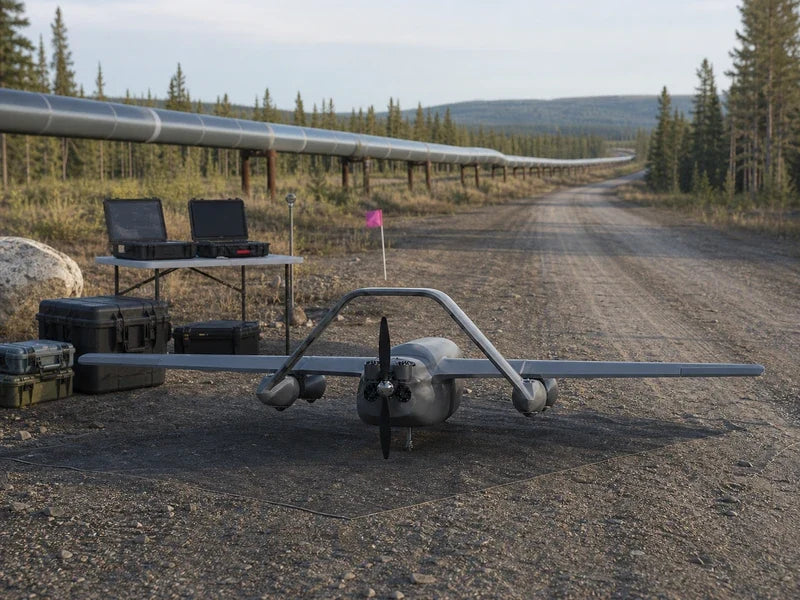 UG73 fuel-powered fixed-wing VTOL drone at a remote pipeline inspection staging area