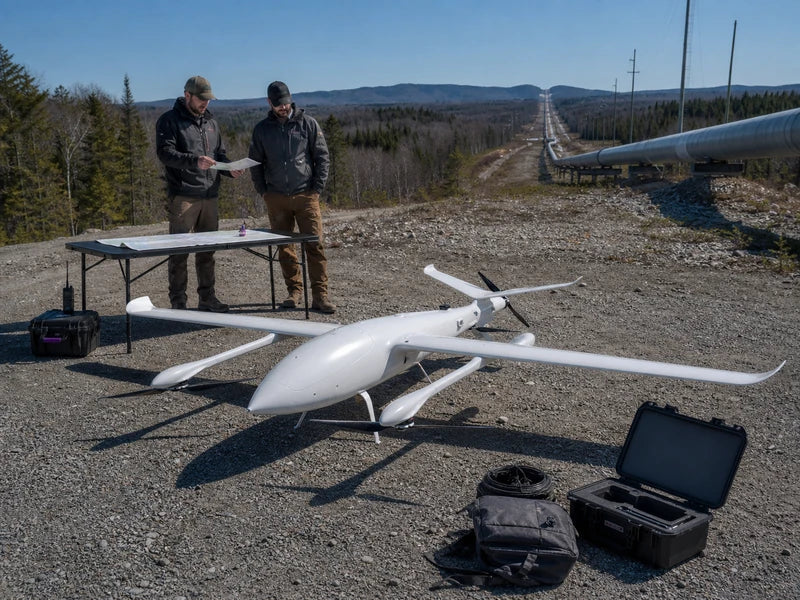UG39 fixed-wing VTOL drone staged beside an industrial corridor