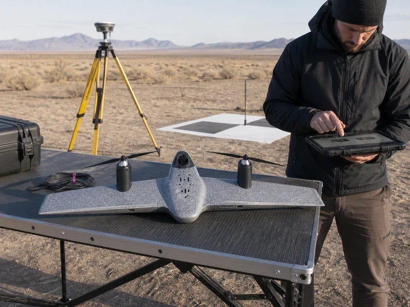 UVH1 fixed-wing VTOL drone prepared for a professional survey workflow