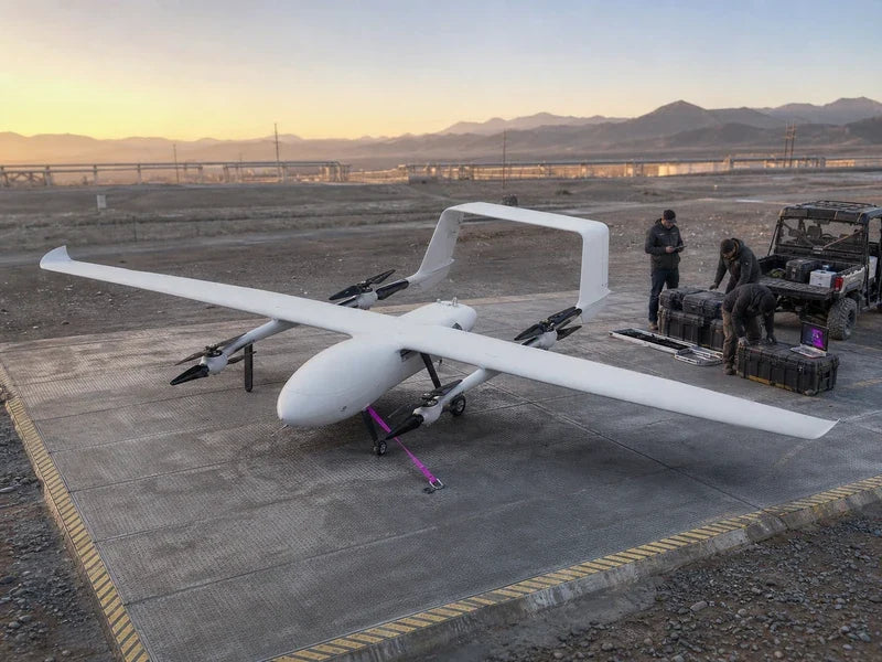 UG82 heavy-lift VTOL drone at an industrial logistics staging site