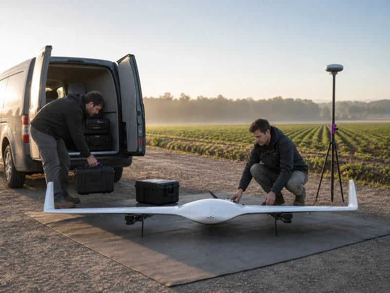 UG21 lightweight VTOL mapping drone deployed by a small survey crew