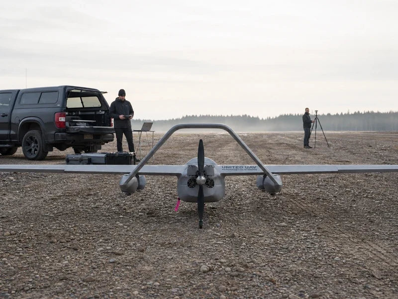 UG73 fuel-powered fixed-wing VTOL drone at a remote survey support site