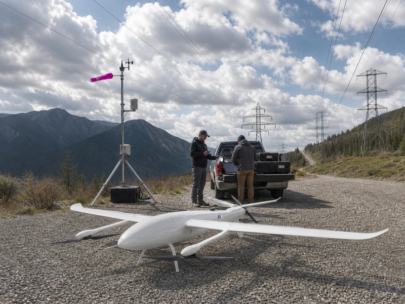 UG39 fixed-wing VTOL drone prepared for a weather-reviewed corridor inspection