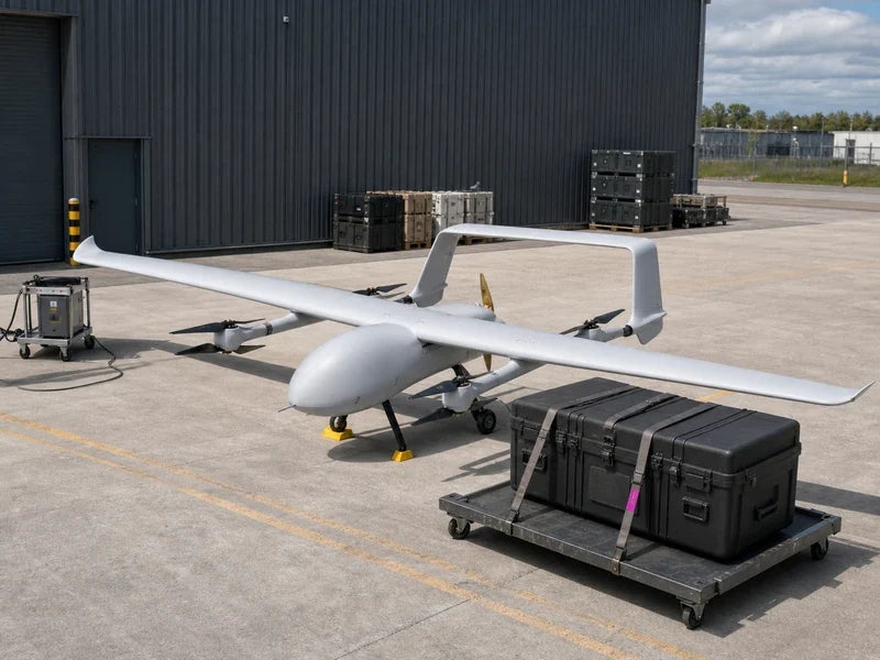 UG82 heavy-lift VTOL drone during a controlled industrial payload-handling review