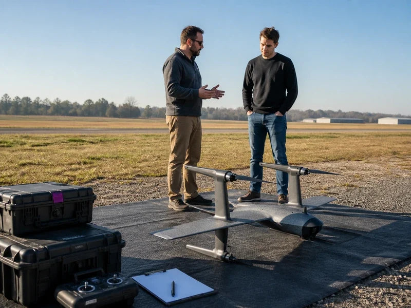 UVH RTF fixed-wing VTOL drone during a structured operator-onboarding flight