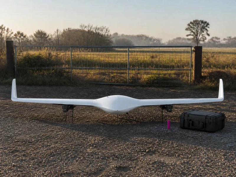 UG21 fixed-wing VTOL drone prepared at a verified rural survey launch site