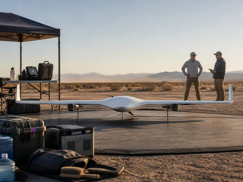 UG21 fixed-wing VTOL aircraft at a desert field staging area with planned ground-support equipment