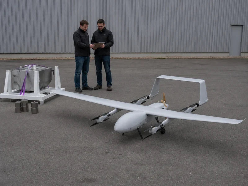 UG82 heavy-lift VTOL aircraft beside neutral payload and endurance acceptance-test equipment