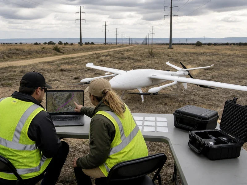 UG39 extended-route VTOL aircraft beside a field team reconciling corridor coverage segments