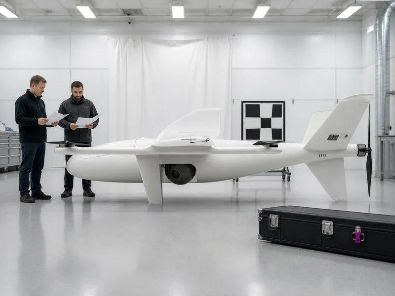 UG35 heavy-payload VTOL aircraft in a calibration bay with separate payload and airframe evidence reviews