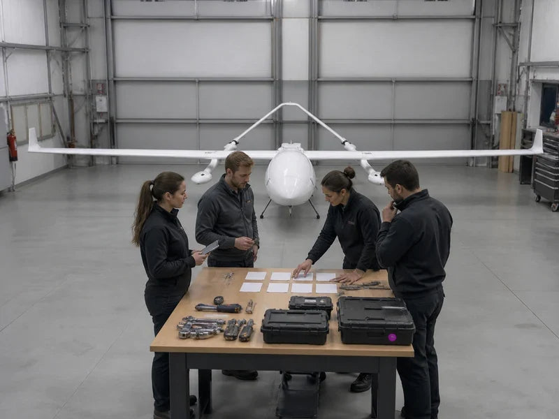 UG62 hybrid VTOL aircraft in a maintenance hangar while a team reviews role and backup coverage