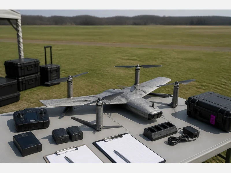 UVH RTF fixed-wing VTOL aircraft beside a controlled field-kit checkout station