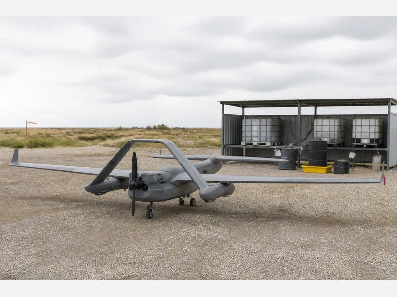 UG73 fuel-powered compound-wing VTOL at a controlled field replenishment area