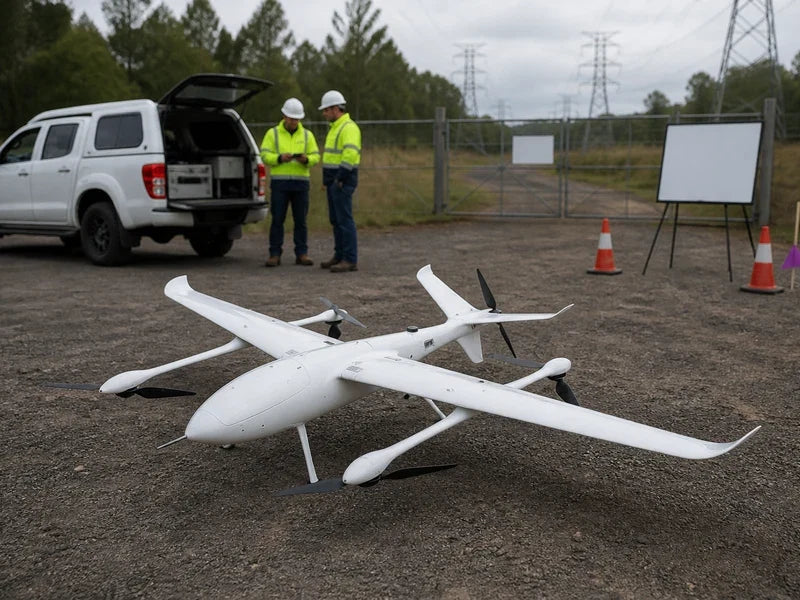 UG32 fixed-wing VTOL at an infrastructure inspection access gate