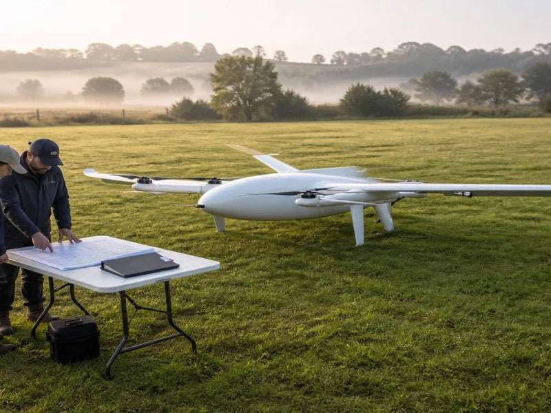 Complete UG25 fixed-wing VTOL aircraft beside a wide-area change-control planning table