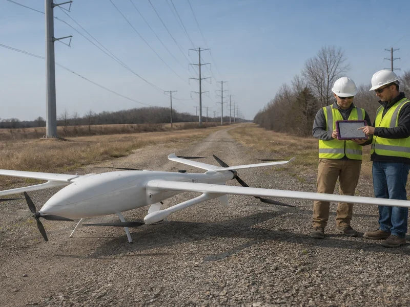 Complete UG39 fixed-wing drone beside a corridor asset-referencing field team