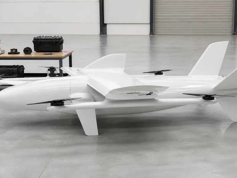 Complete UG35 heavy-payload VTOL beside a controlled payload mass-budget station
