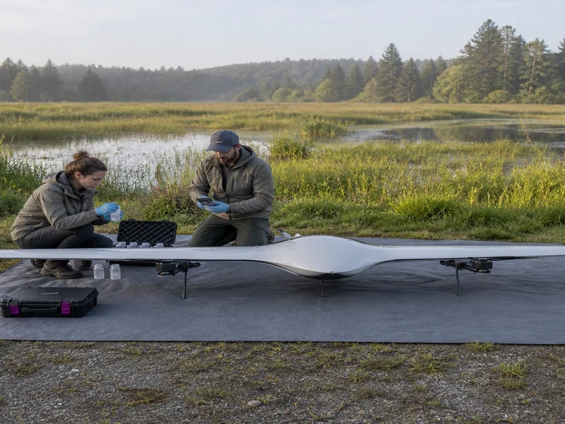 Complete UG21 VTOL aircraft beside an environmental ground-sampling team at a wetland