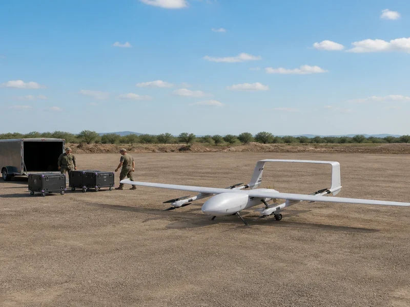Complete UG82 heavy-lift VTOL beside an organized trailer unloading lane