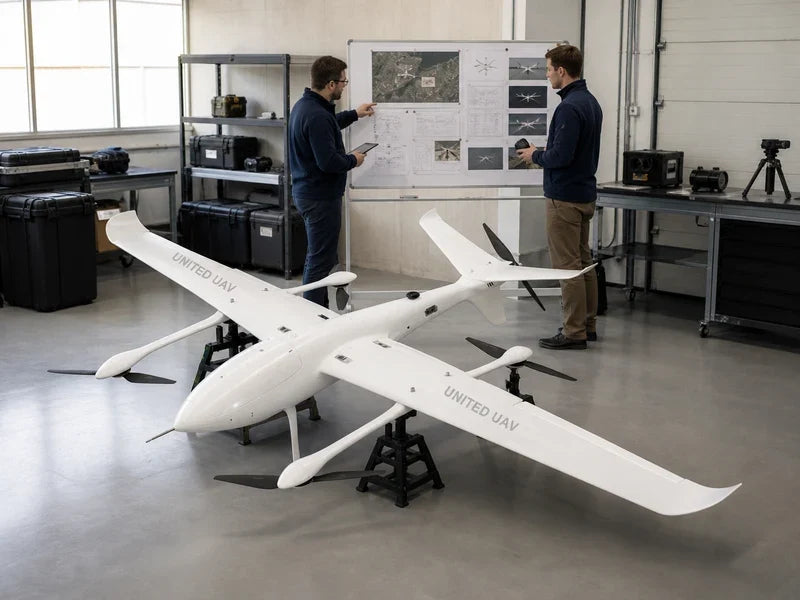 UG32 VTOL aircraft in an integration bay while engineers review mission workflow evidence