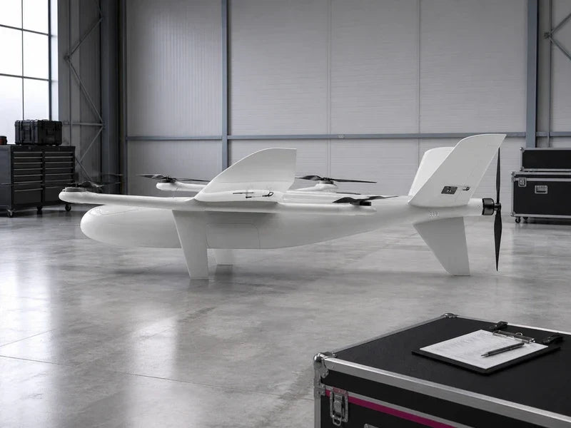 UG35 heavy-payload VTOL aircraft in a hangar during an integration-support review
