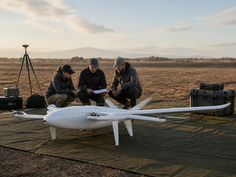 UG25 VTOL aircraft at a survey site while a team reviews loaded-configuration endurance evidence