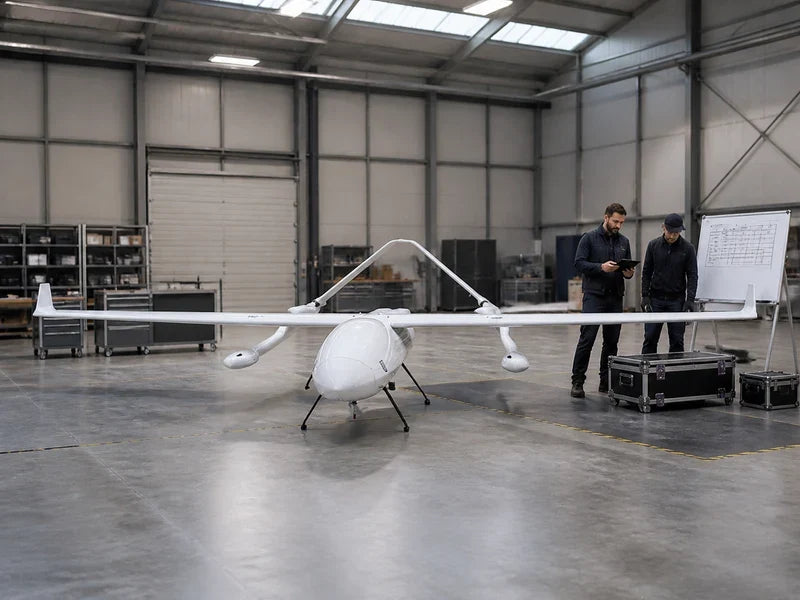 UG62 hybrid VTOL aircraft in a hangar during a payload-configuration evidence review