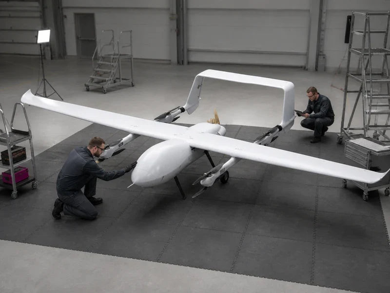 UG82 heavy-lift VTOL aircraft in a hangar during a controlled composite surface inspection