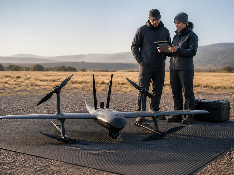 UVH2 fixed-wing VTOL at a field pad while a crew reviews range and endurance evidence