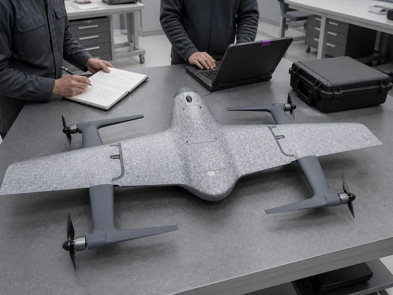 UVH PNP VTOL in a technical workshop while a team builds a support evidence packet