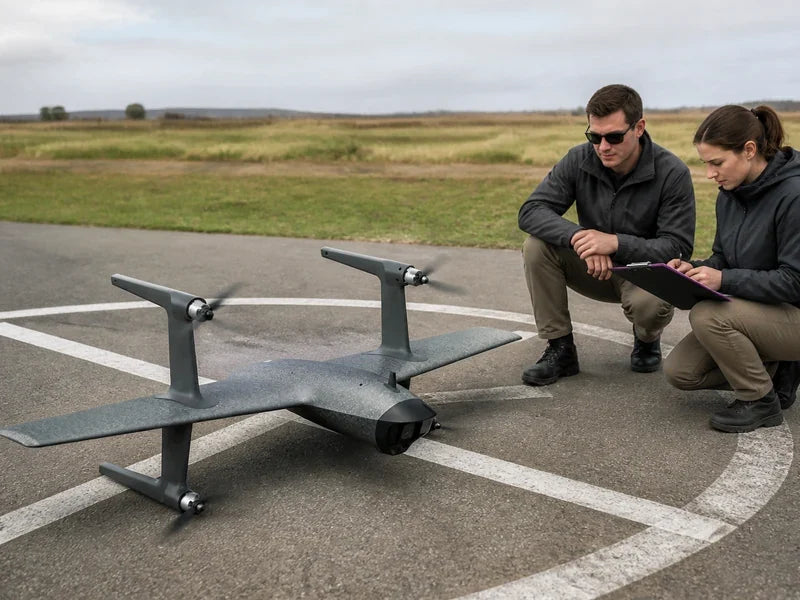 Ready-to-fly VTOL on a launch pad while evaluators document coaching and pass decisions