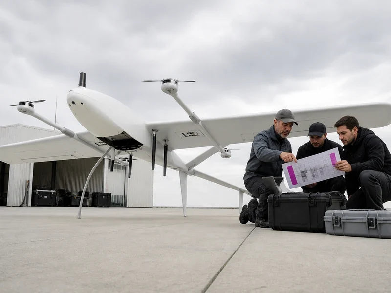 UIV2200 multi-payload VTOL beside a crew conducting payload-workflow qualification