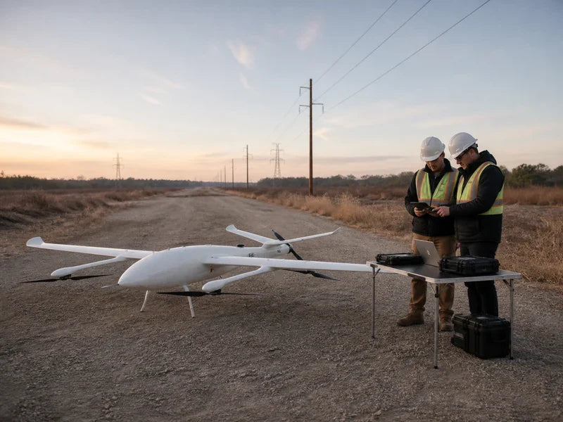 UG39 fixed-wing UAV at a corridor inspection planning station with an exception register workflow